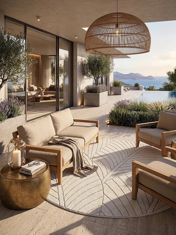 KADIMA DESIGN Outdoorteppich ENGADIN Rund Creme Blattmotiv - Bild 3