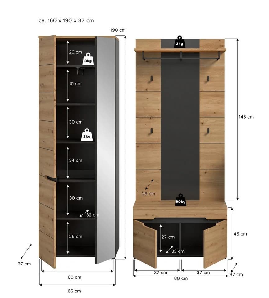 furnling Garderoben-Set Cano, 3-St., Garderobenpaneel, Garderobenschrank, Sitzbank, Komplett-Set, Höhe 190 cm, Basalt grau/Artisan - Bild 5