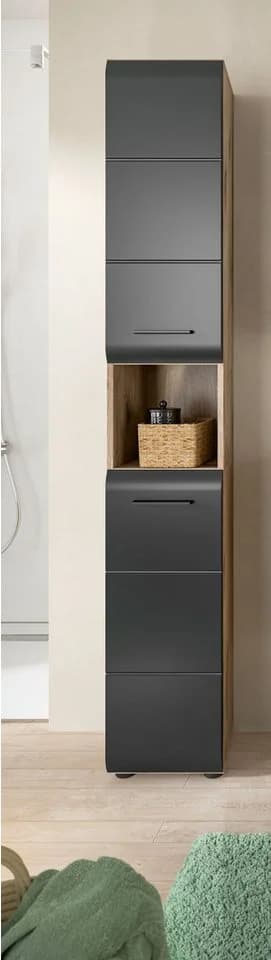 furnling Hochschrank Ivy 1 offenes Fach, 2 Türen, 6 Fächer, Höhe 185 cm, Nox Oak/schwarz matt