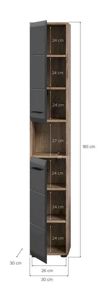 furnling Hochschrank Ivy 1 offenes Fach, 2 Türen, 6 Fächer, Höhe 185 cm, Nox Oak/schwarz matt - Bild 4