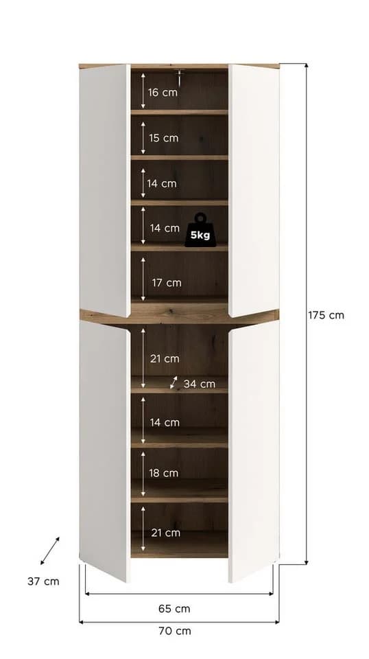 furnling Mehrzweckschrank Sarca 4 Türen 9 Fächer Kleiderstange Weiß Eiche - Bild 4