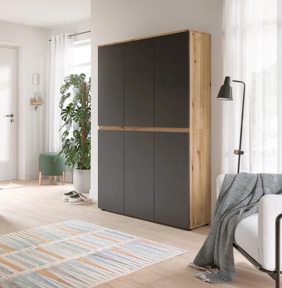 furnling Mehrzweckschrank Sarca 1 Kleiderstange 6 Türen Anthrazit/Eiche