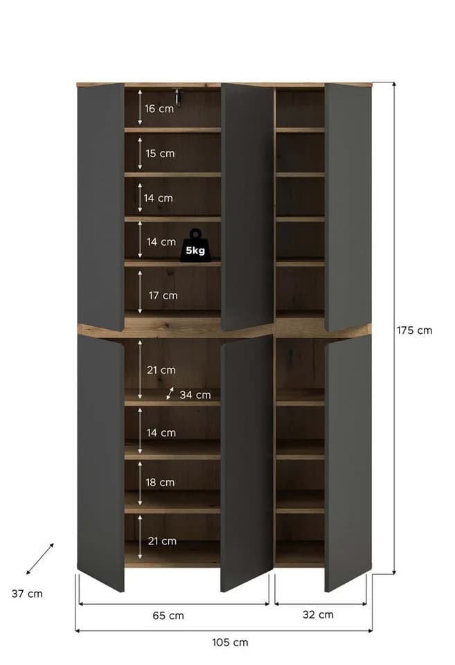 furnling Mehrzweckschrank Sarca 1 Kleiderstange 6 Türen Anthrazit/Eiche - Bild 5