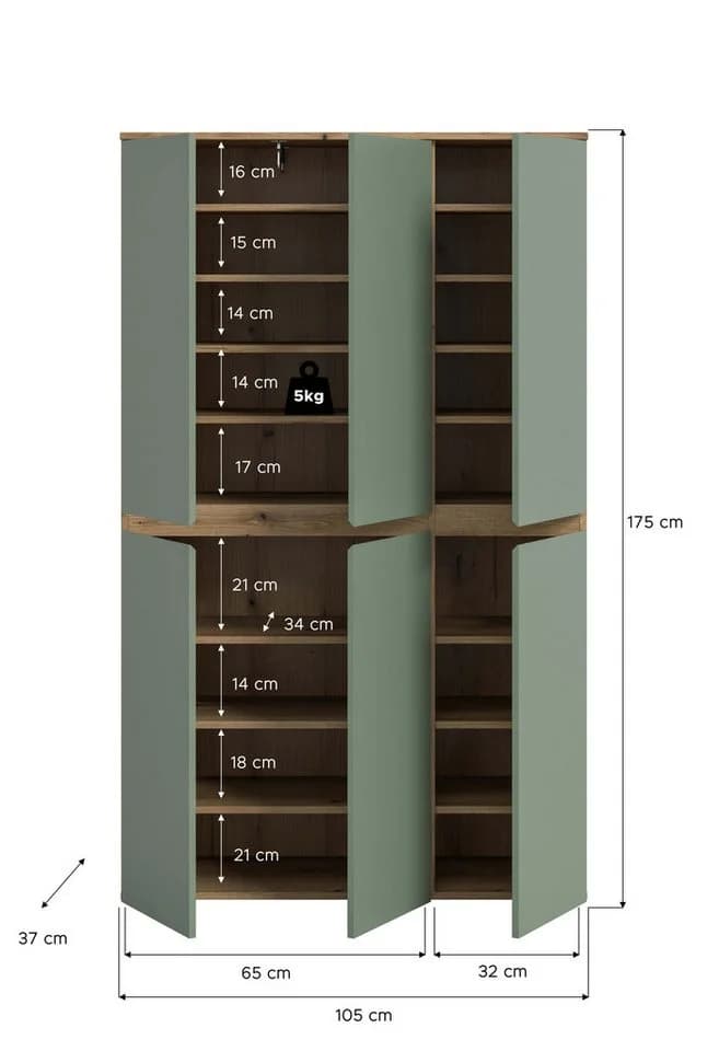 furnling Mehrzweckschrank Sarca 1 mit Kleiderstange, 6 Türen, 18 Fächer, Grün - Bild 5