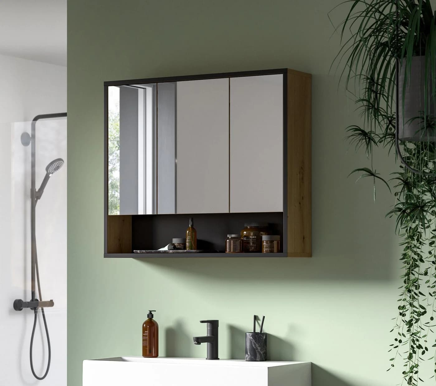 furnling Badezimmerspiegelschrank Benno 3 Spiegeltüren Braun