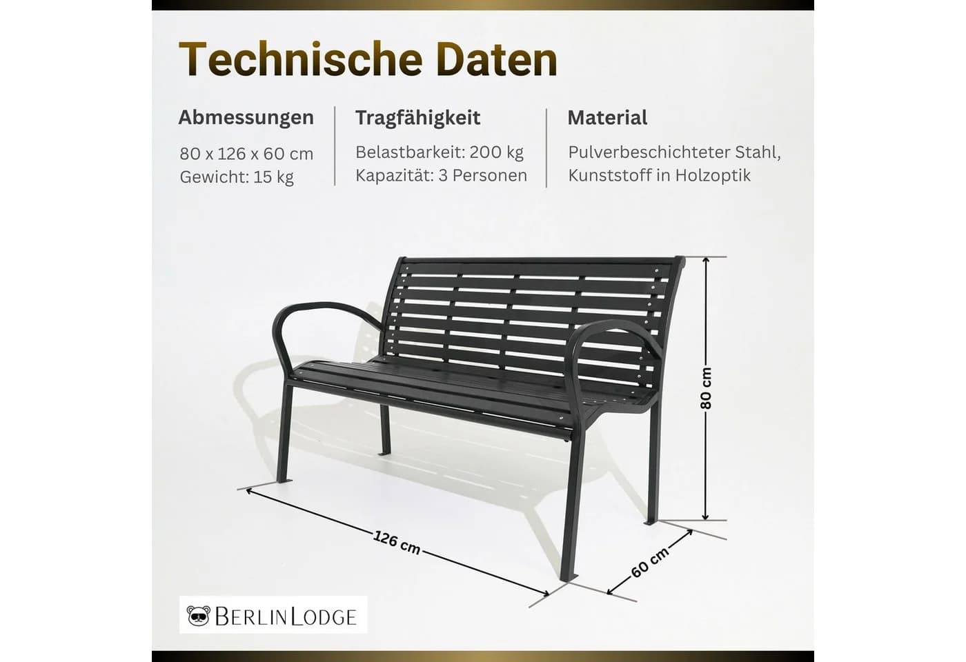 PROREGAL Gartenbank MYKONOS Schwarz 3-Sitzer Holzoptik