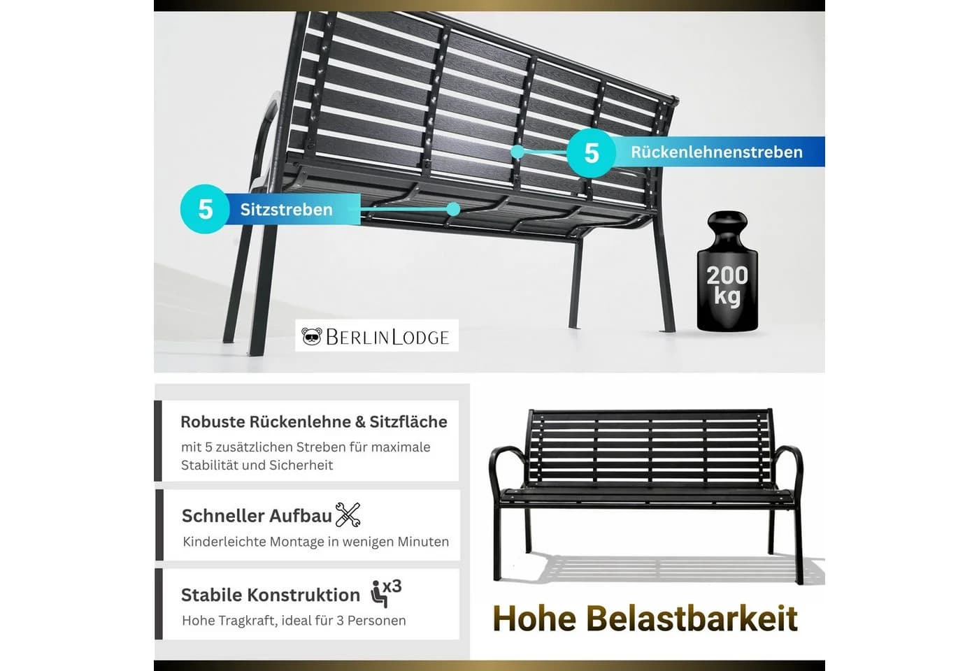 PROREGAL Gartenbank MYKONOS Schwarz 3-Sitzer Holzoptik - Bild 4