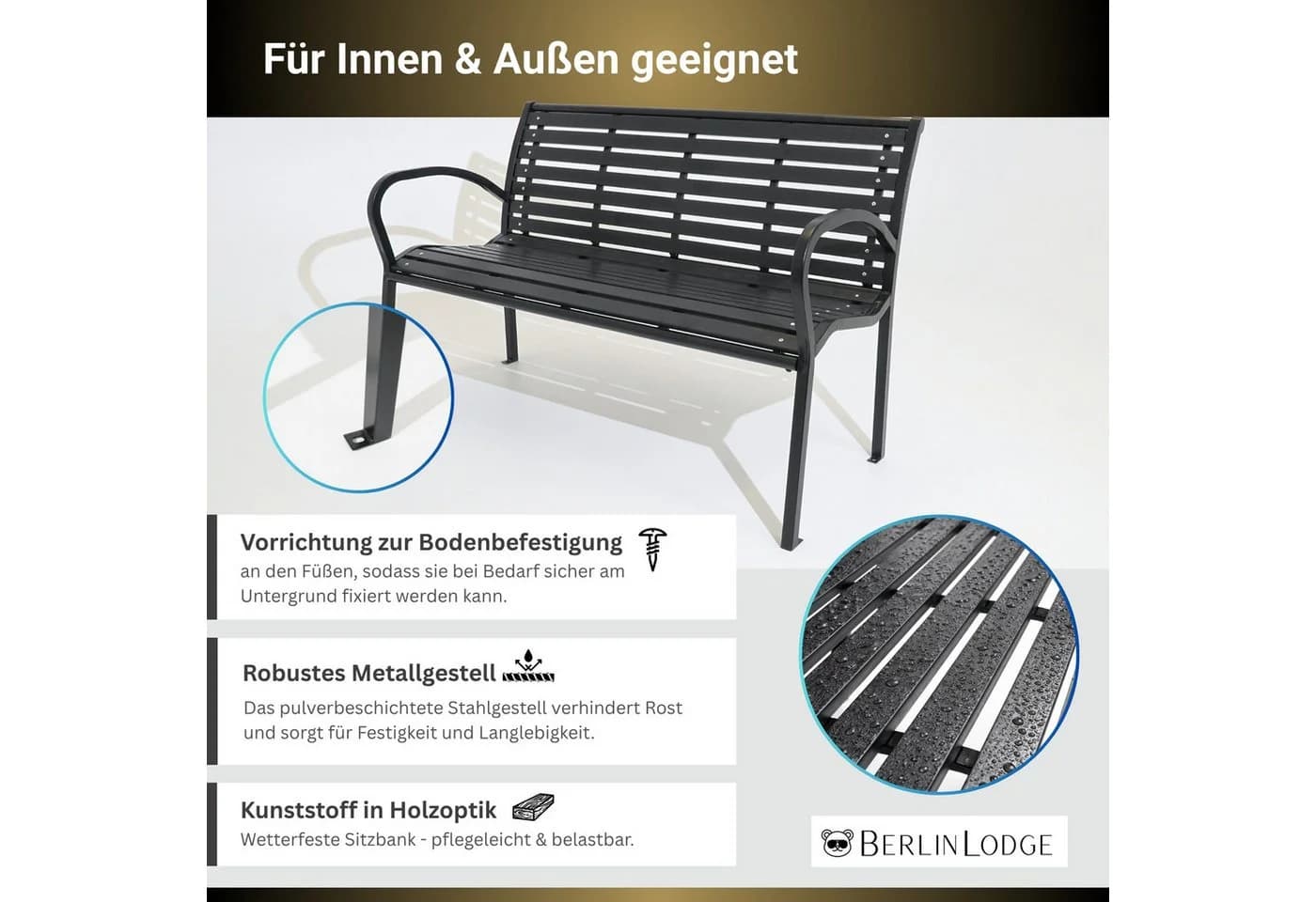 PROREGAL Gartenbank MYKONOS Schwarz 3-Sitzer Holzoptik - Bild 5