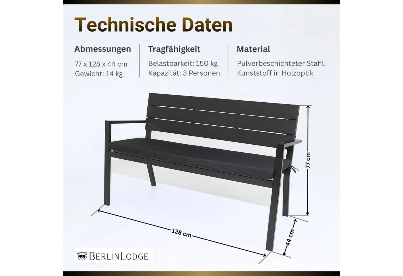 PROREGAL® Gartenbank MALLORCA 3-Sitzer Schwarz Kunststoff Holzoptik - Bild 3