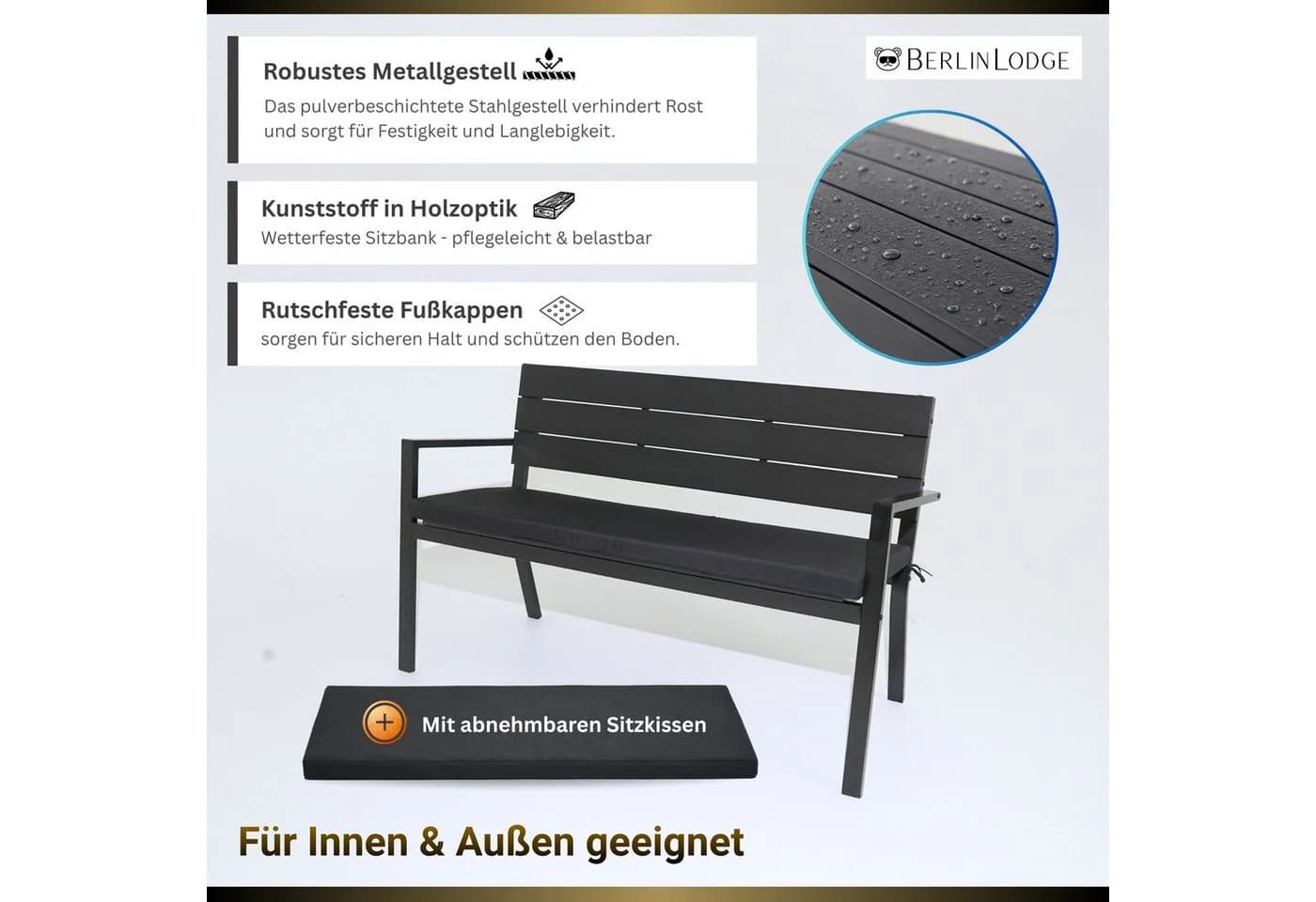 PROREGAL® Gartenbank MALLORCA 3-Sitzer Schwarz Kunststoff Holzoptik - Bild 4