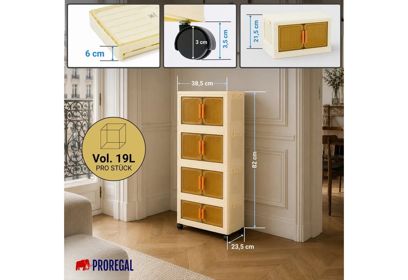 PROREGAL Aufbewahrungsbox EasyCube stapelbar 4 Ebenen weiß mit Rollen