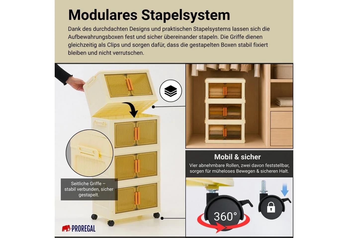 PROREGAL Aufbewahrungsbox EasyCube stapelbar 4 Ebenen weiß mit Rollen - Bild 4