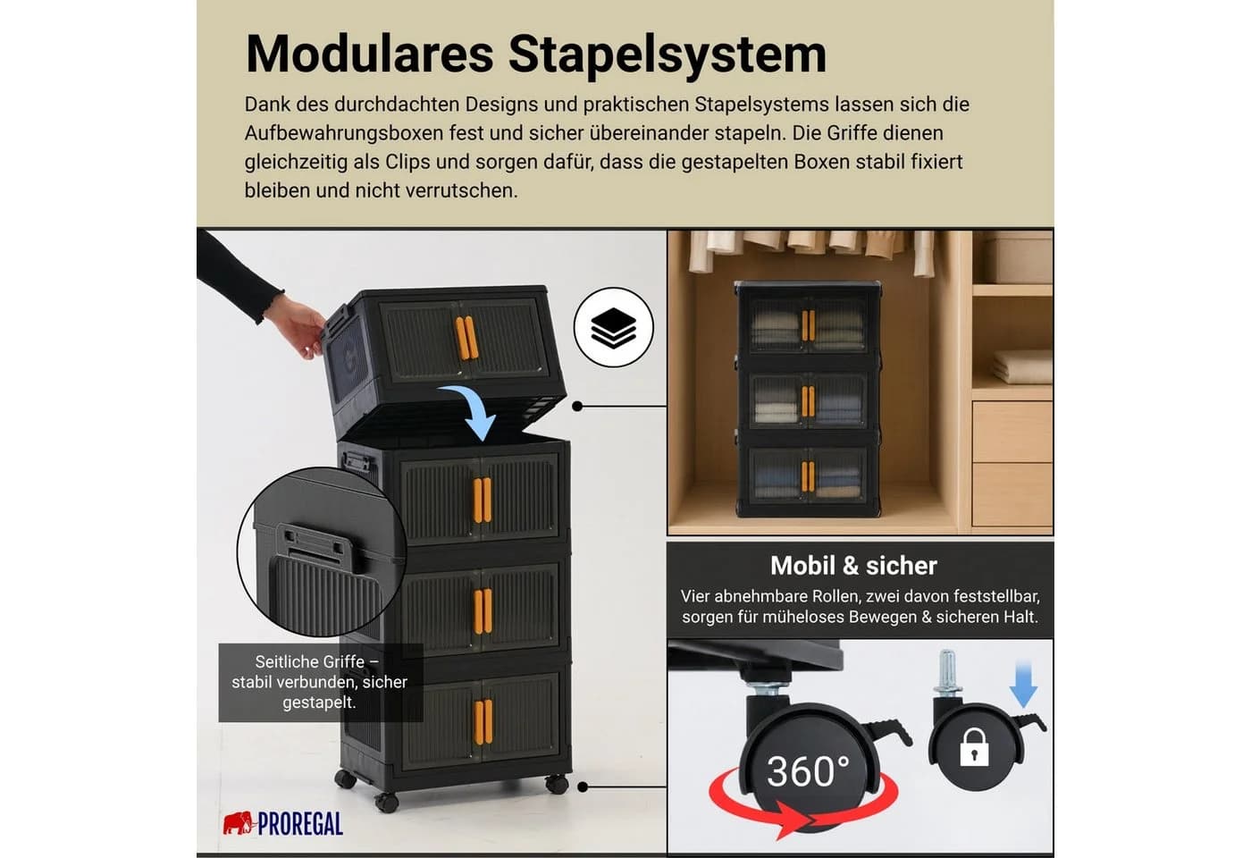PROREGAL® Aufbewahrungsbox EasyCube stapelbar 4 Ebenen & Rollen Schwarz - Bild 4