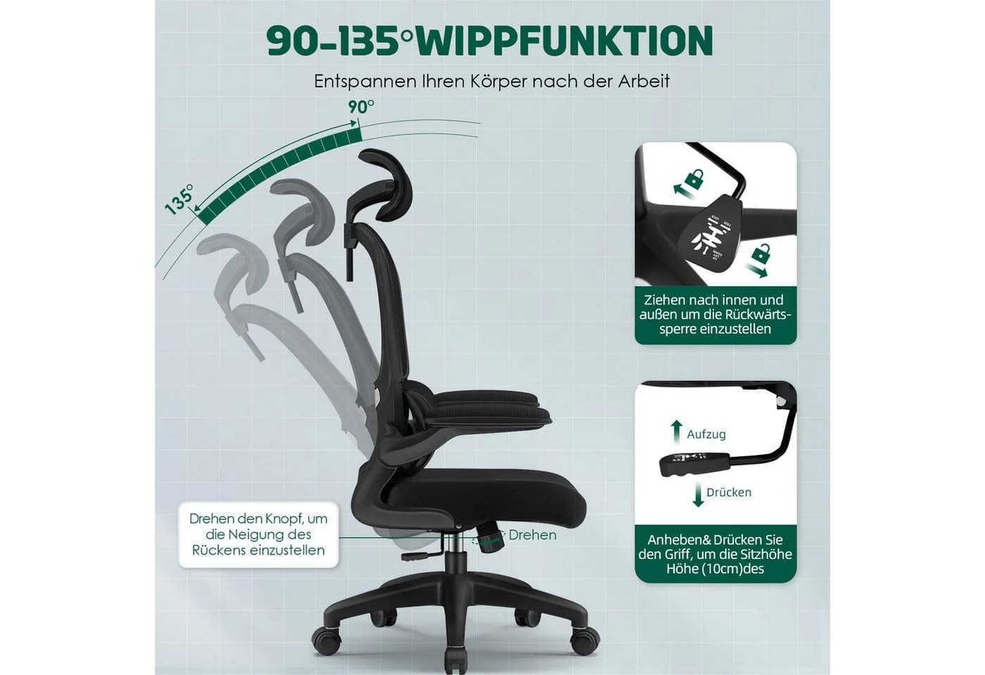 Fukstern Bürostuhl Ergonomischer Bürostuhl mit 90° klappbaren Armlehnen - Bild 3