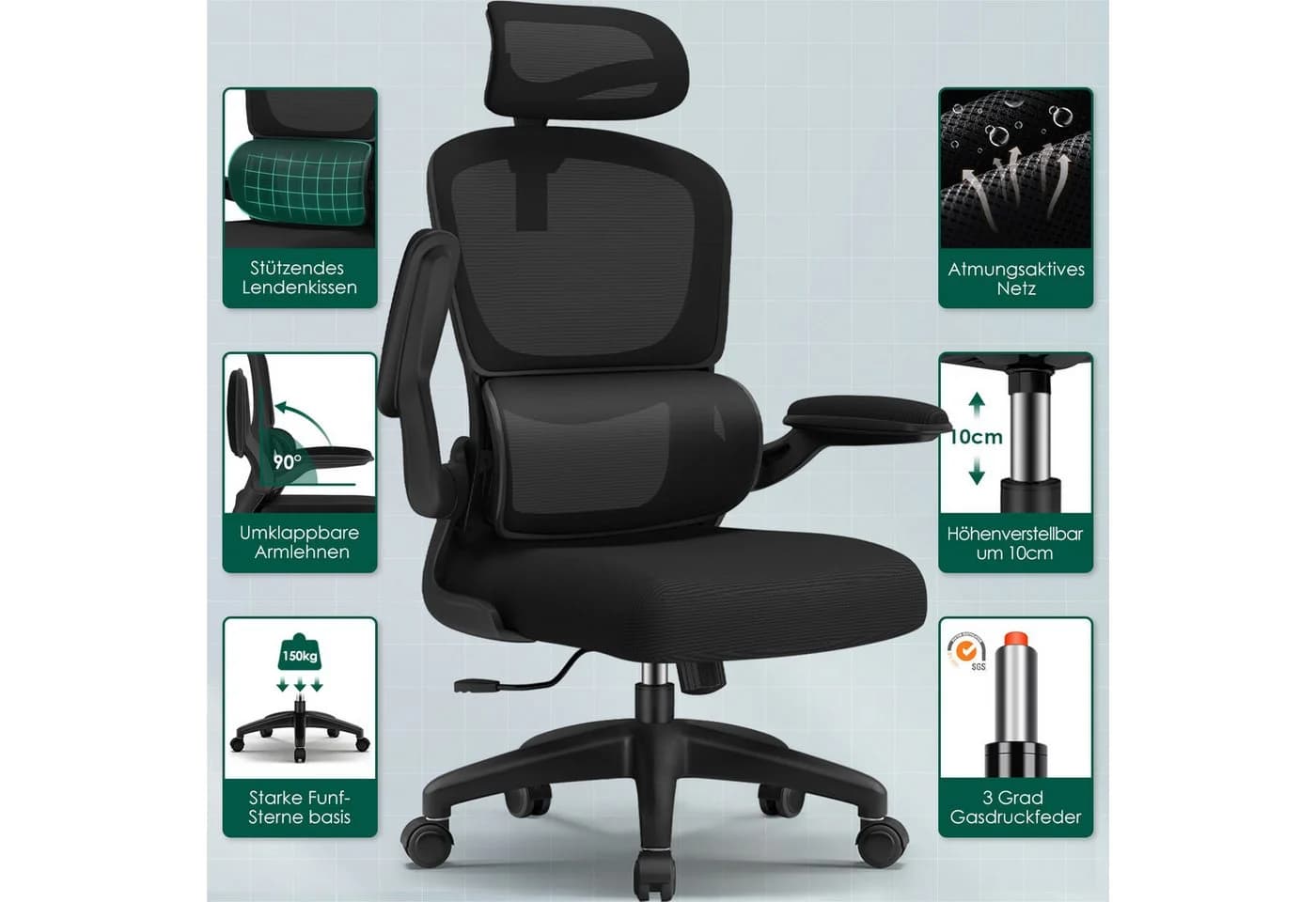 Fukstern Bürostuhl Ergonomischer Bürostuhl mit 90° klappbaren Armlehnen - Bild 4