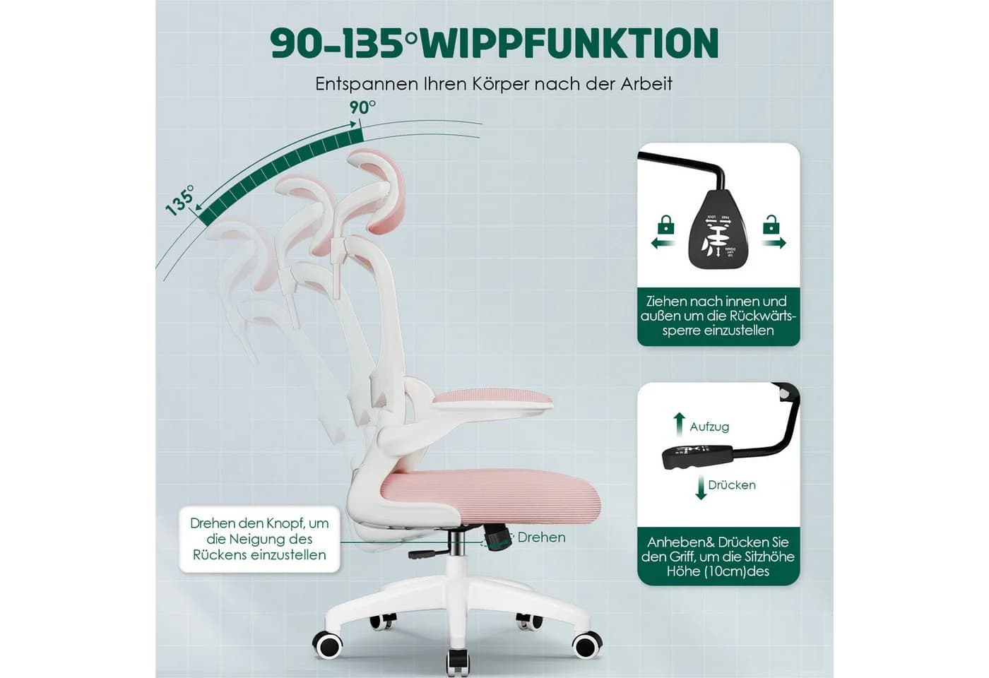 Fukstern Bürostuhl Ergonomischer Bürostuhl mit 90° klappbaren Armlehnen - Bild 3