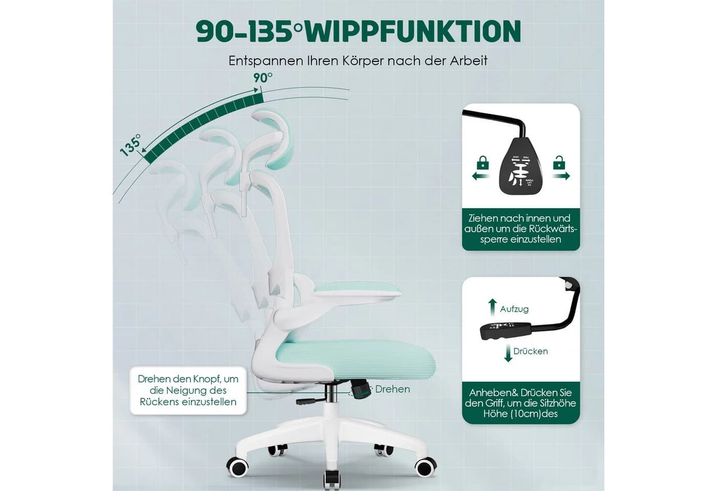 Fukstern Bürostuhl Ergonomisch mit klappbaren Armlehnen und Kopfstütze - Bild 3