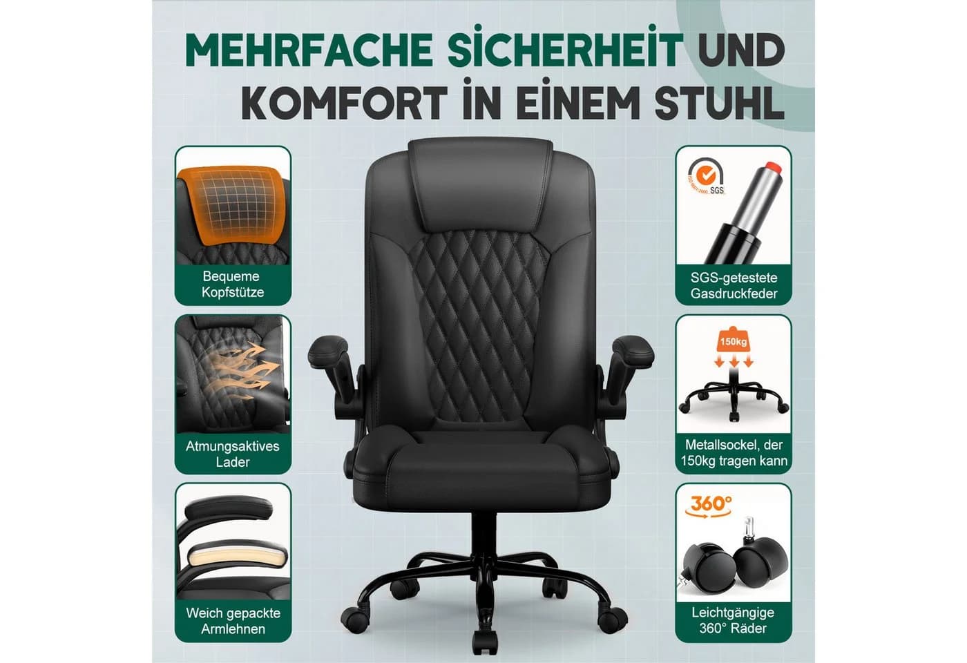 Fukstern Bürostuhl Ergonomischer Bürostuhl mit 90° klappbaren Armlehnen - Bild 3