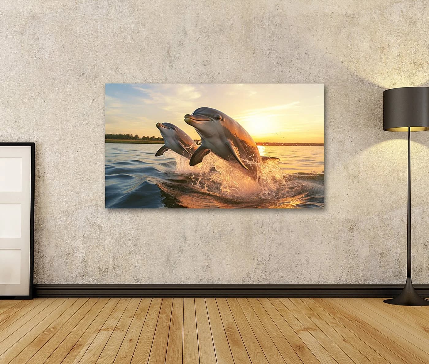 islandburner Wandbild Delphine Springen Sonnenuntergang Canvas 80x40