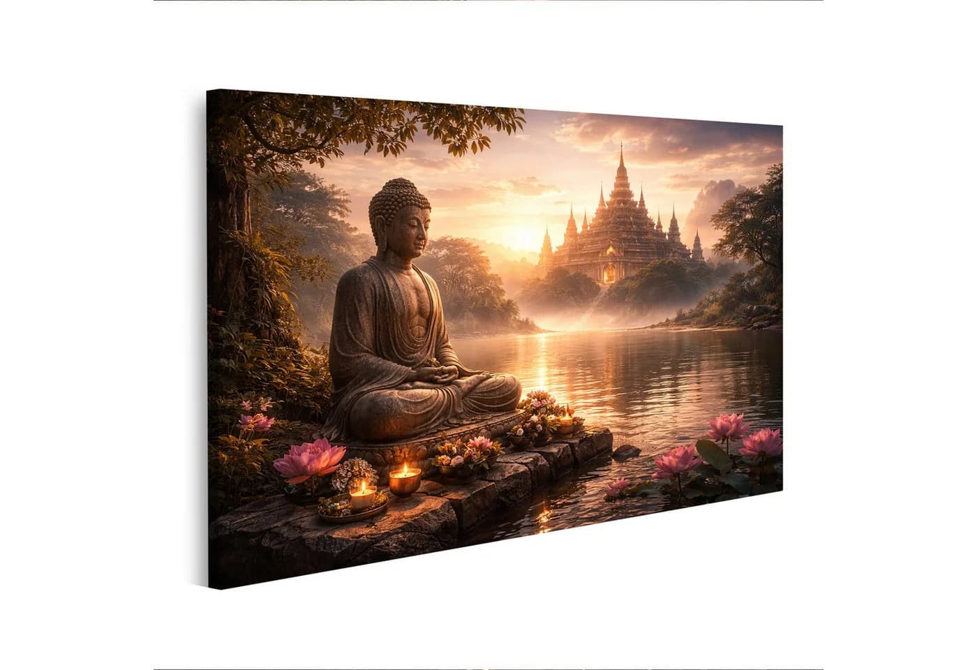 islandburner Leinwandbild Buddha Statue am See mit Lotusblumen und Tempel - Bild 2