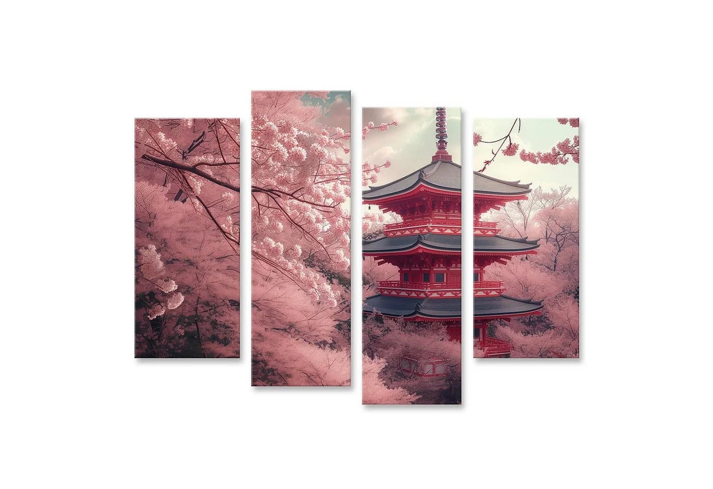 islandburner Leinwandbild Kirschblüten Rote Pagode Japan 4-teilig - Bild 2