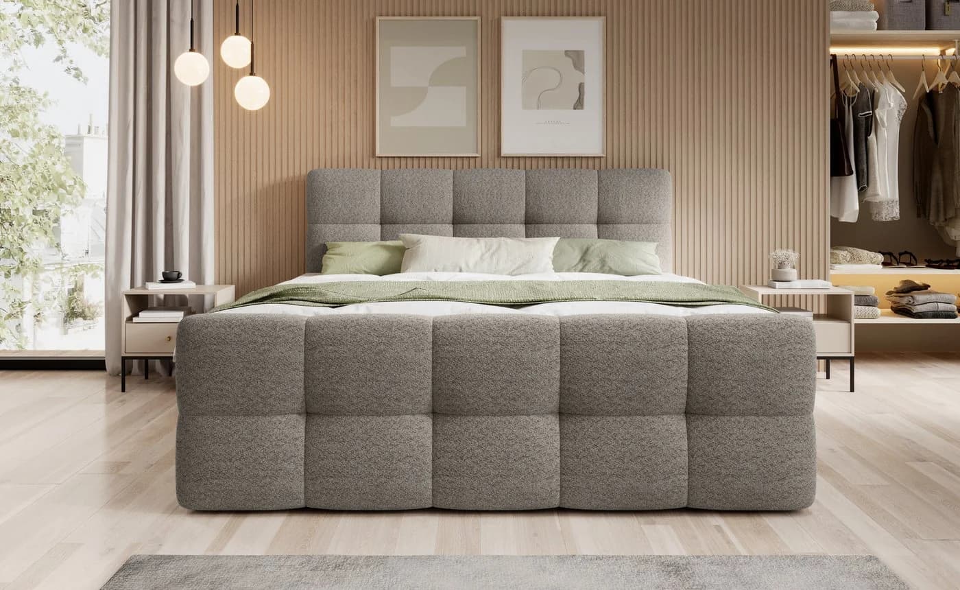 thematys Boxspringbett mit Bettkasten Velours Bouclé Grau