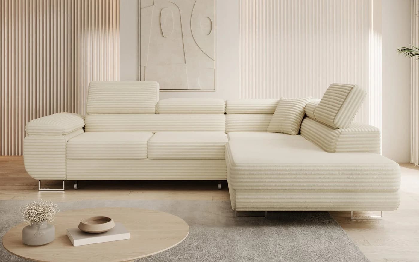 thematys Ecksofa ASTON mit Schlaffunktion & Bettkasten – Cordstoff TILIA