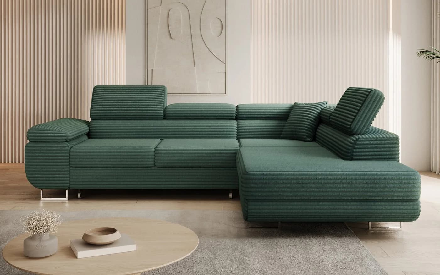 thematys Ecksofa ASTON mit Schlaffunktion & Bettkasten – Cordstoff TILIA