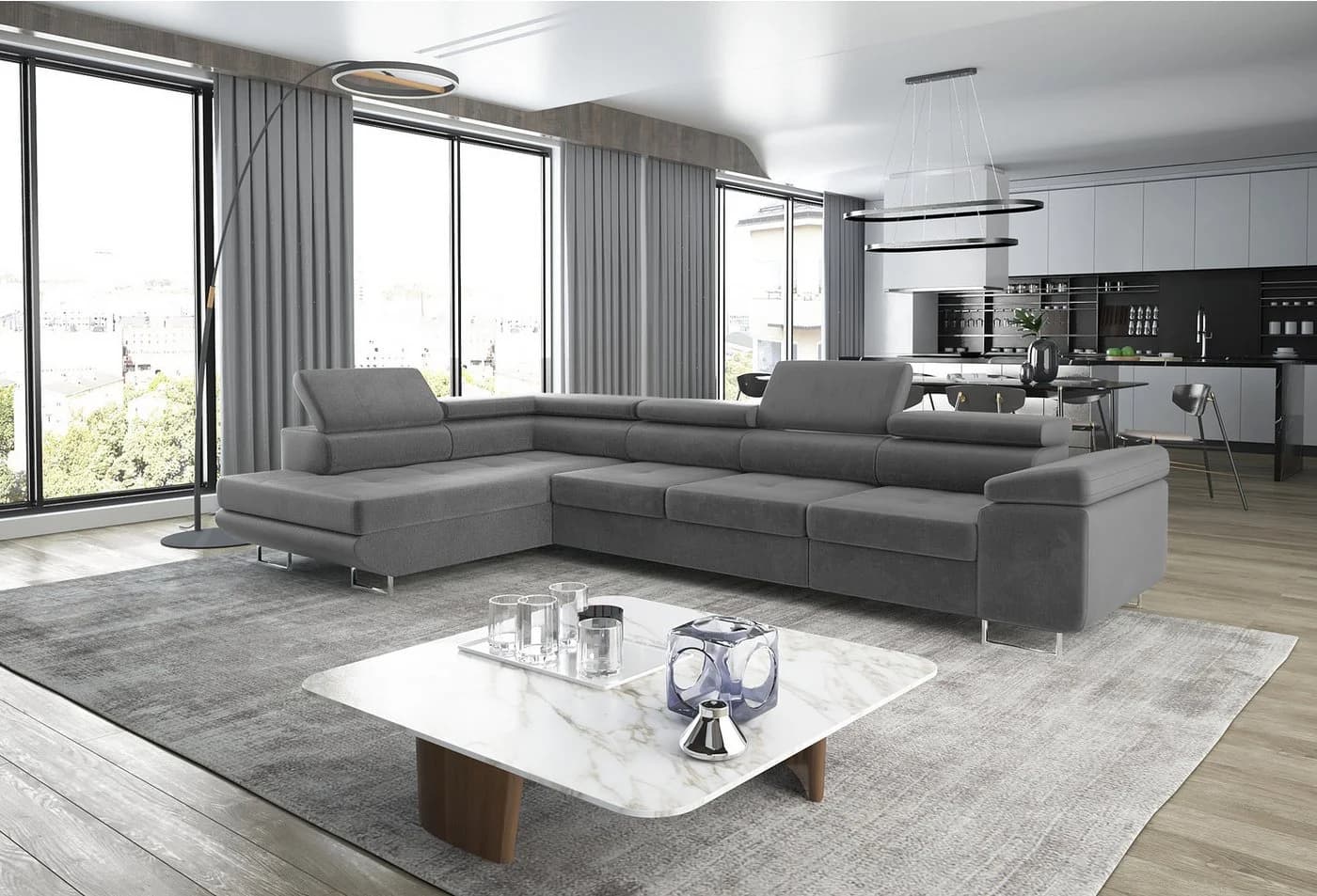 thematys Ecksofa ASTON LONG Grau Samt mit Schlaffunktion - Bild 2