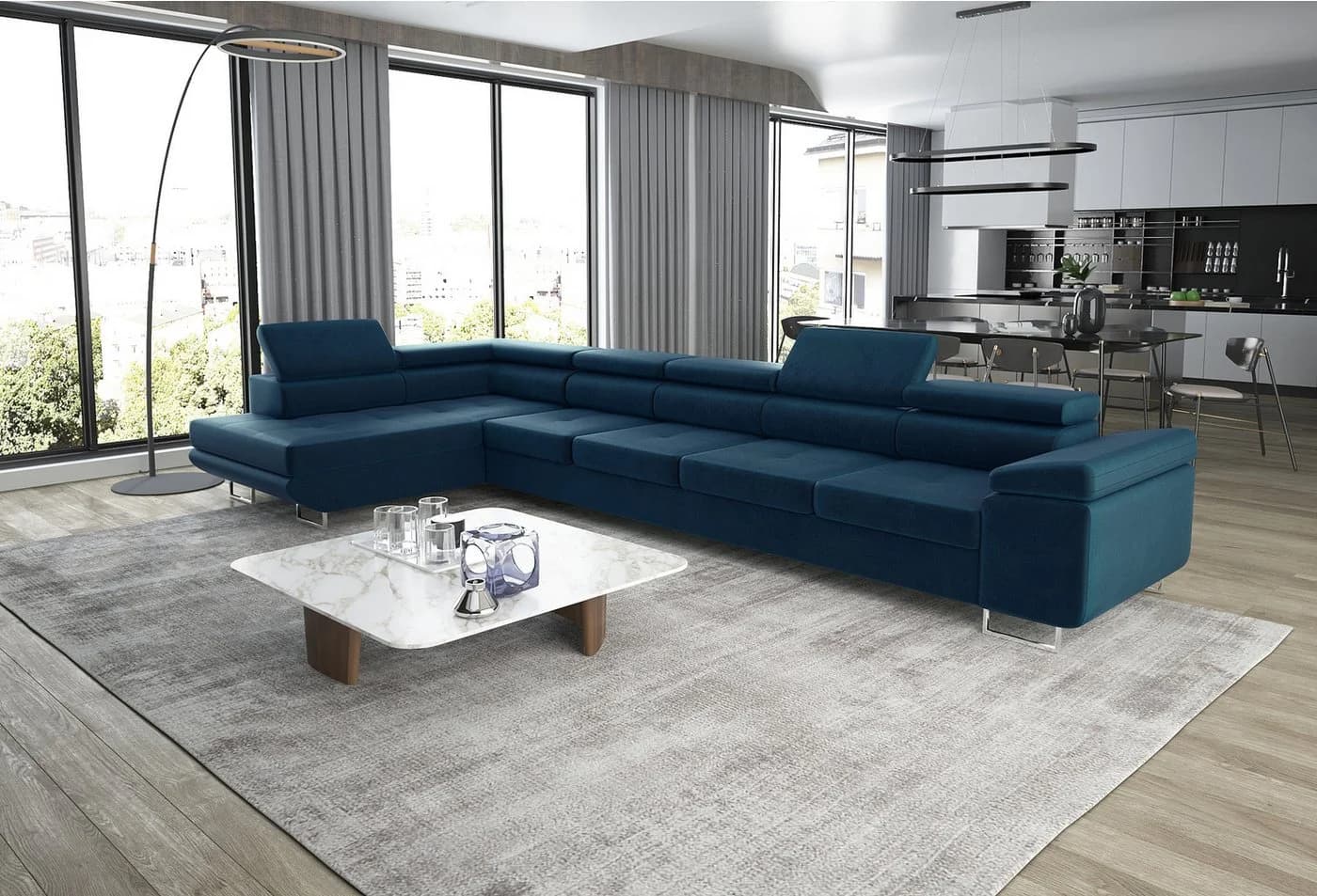 thematys Ecksofa ASTON MAXI mit Schlaffunktion & Bettkasten Samt Blau - Bild 2