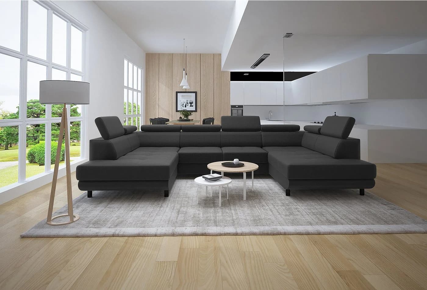 thematys Ecksofa LUNA U mit Schlaffunktion & Bettkasten – Schwarz Velours - Bild 2