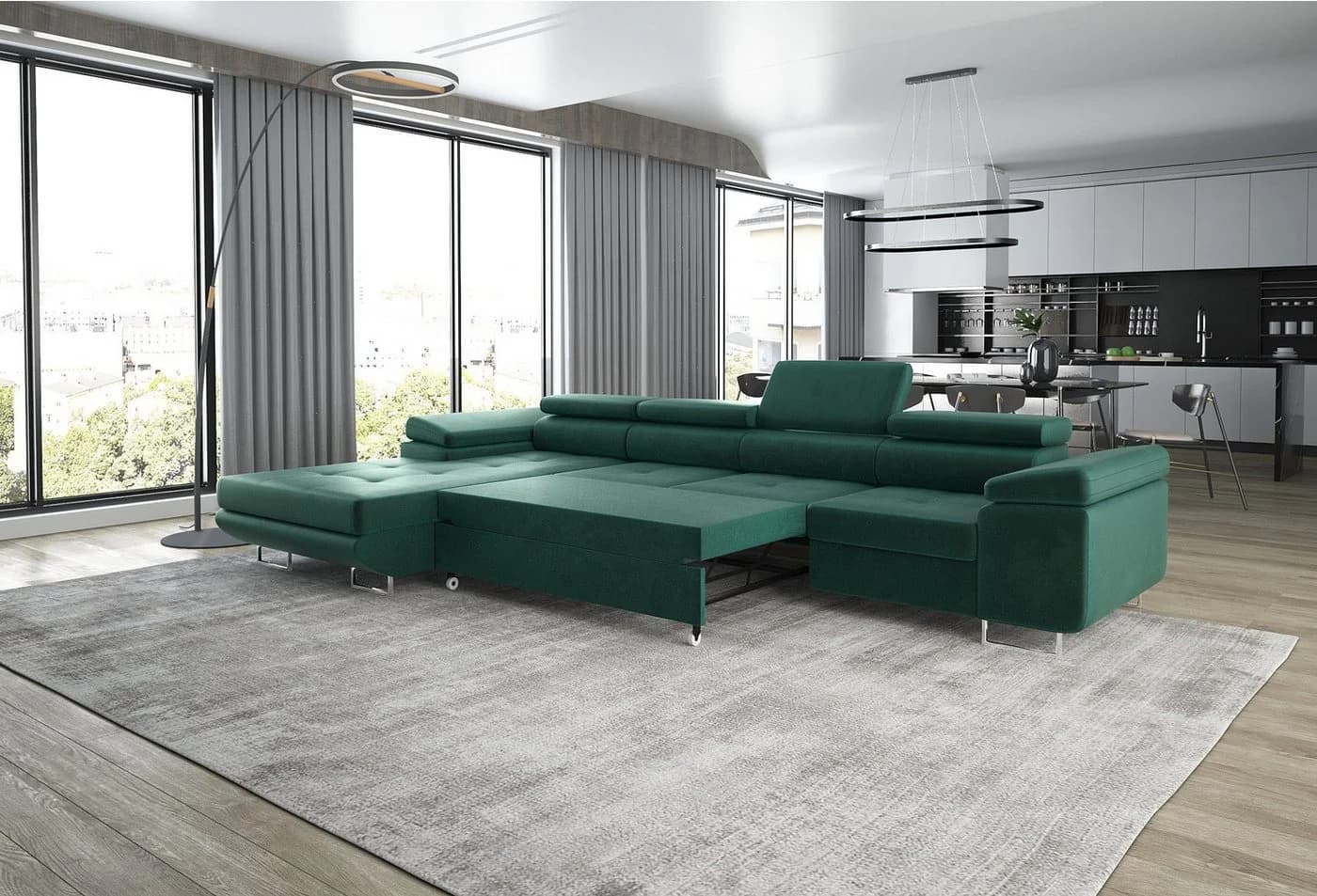 thematys Ecksofa ALVARO MAXI mit Schlaffunktion & Bettkasten grau