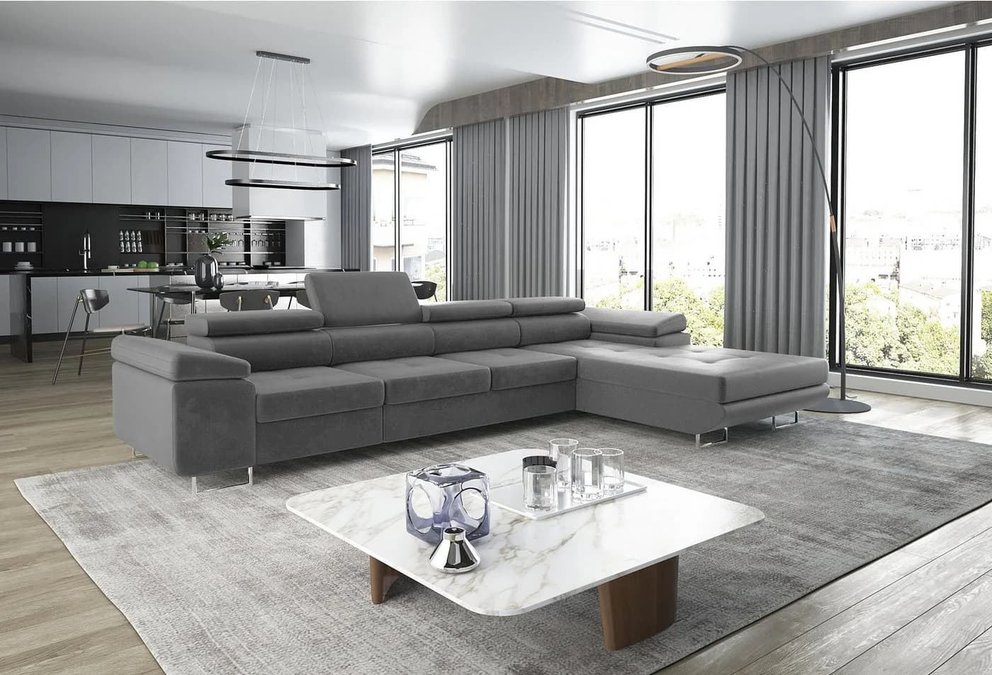 thematys Ecksofa ALVARO MAXI Grau Samt Schlaffunktion Bettkasten - Bild 2