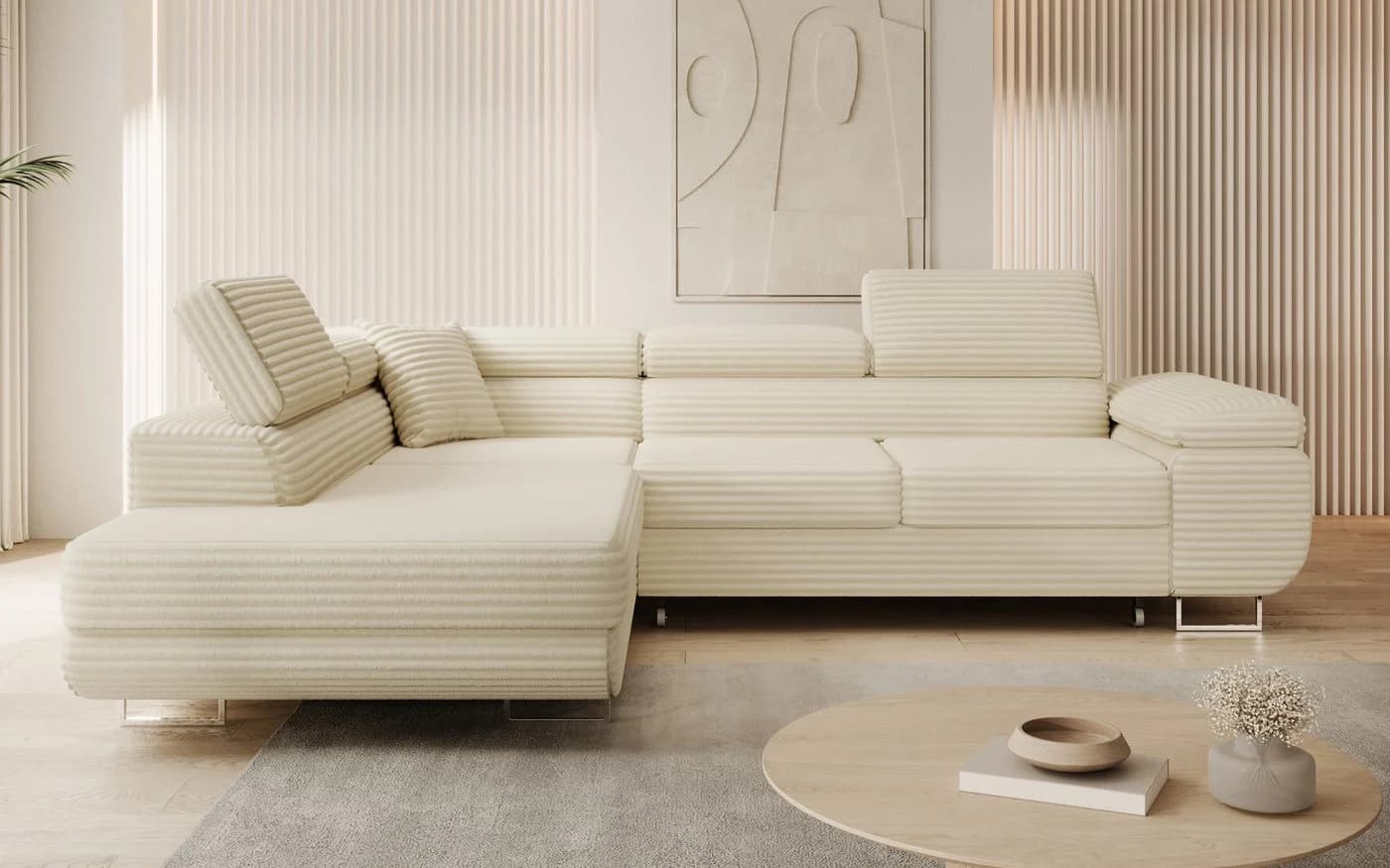thematys Ecksofa ASTON mit Schlaffunktion & Bettkasten – Cordstoff TILIA Beige