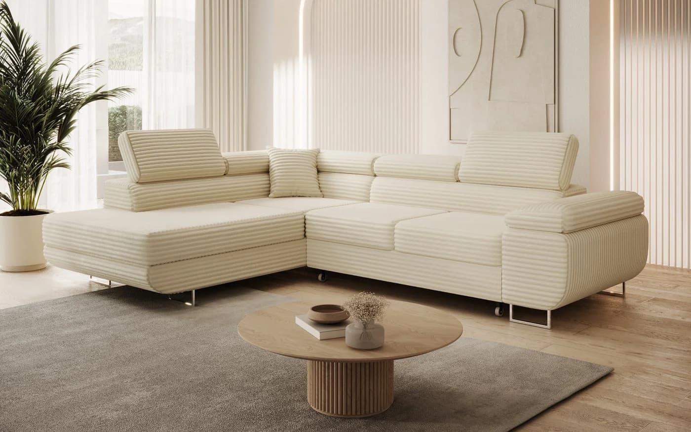 thematys Ecksofa ASTON mit Schlaffunktion & Bettkasten – Cordstoff TILIA Beige - Bild 2