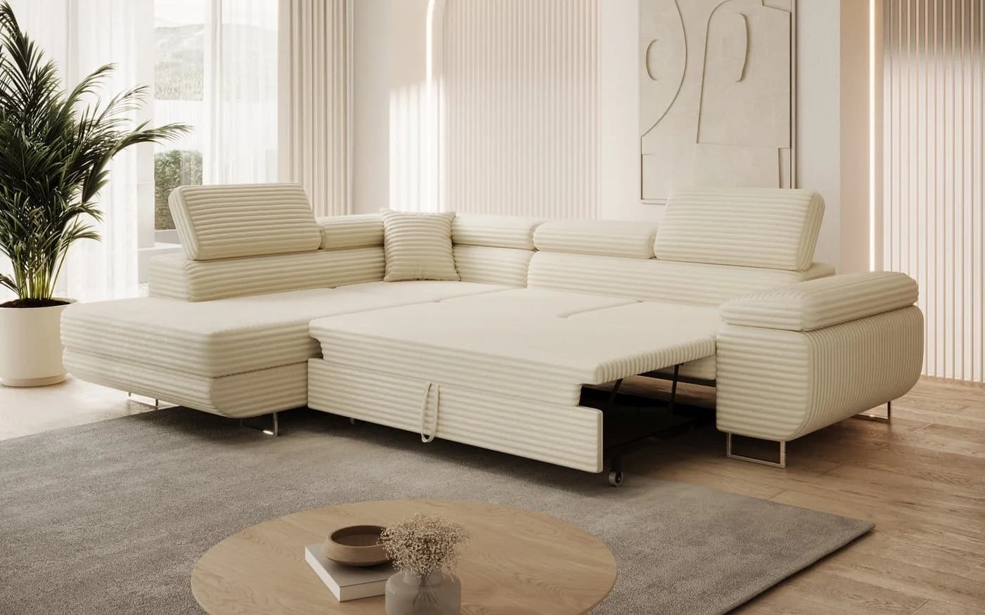 thematys Ecksofa ASTON mit Schlaffunktion & Bettkasten – Cordstoff TILIA Beige - Bild 3