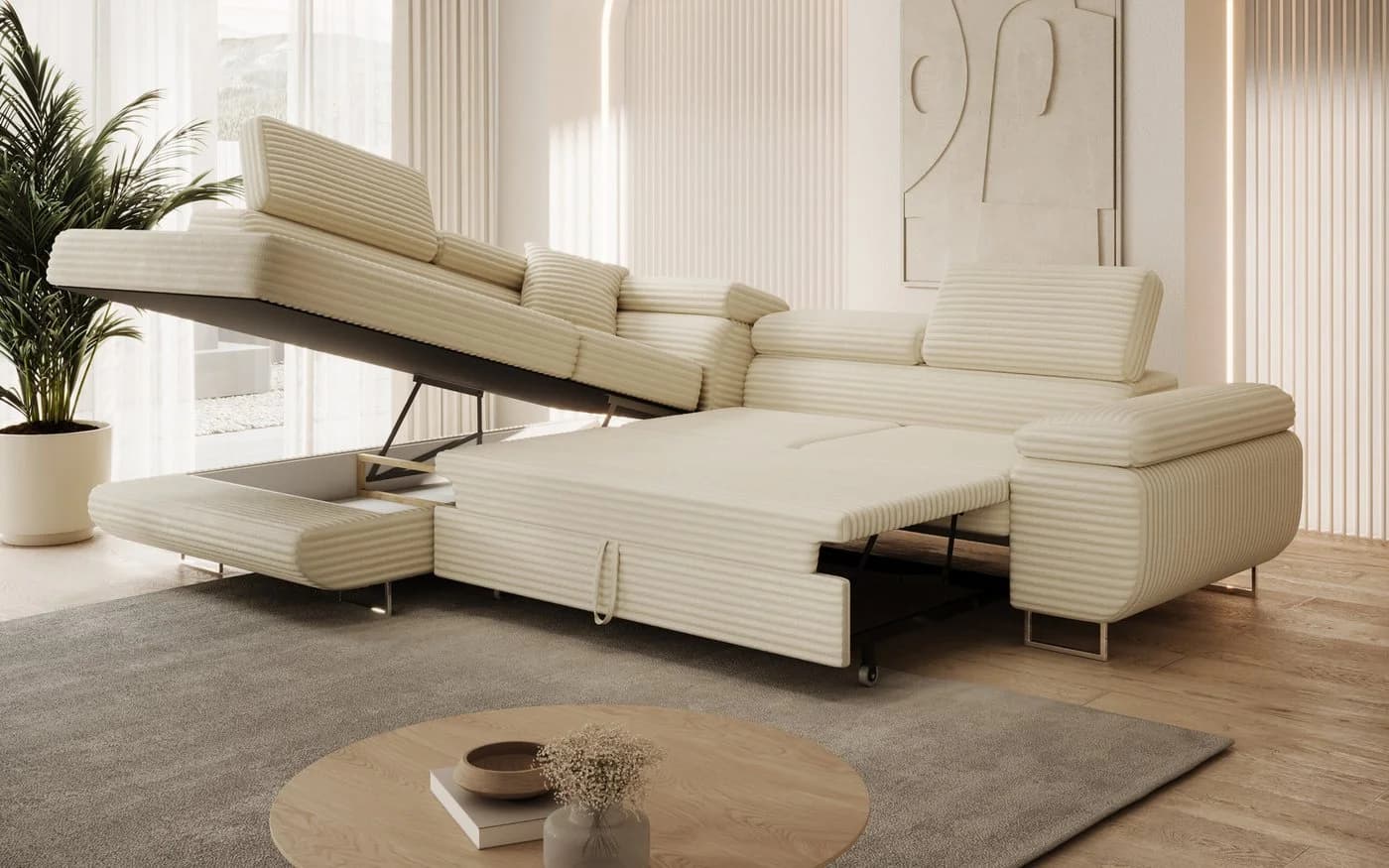 thematys Ecksofa ASTON mit Schlaffunktion & Bettkasten – Cordstoff TILIA Beige - Bild 4