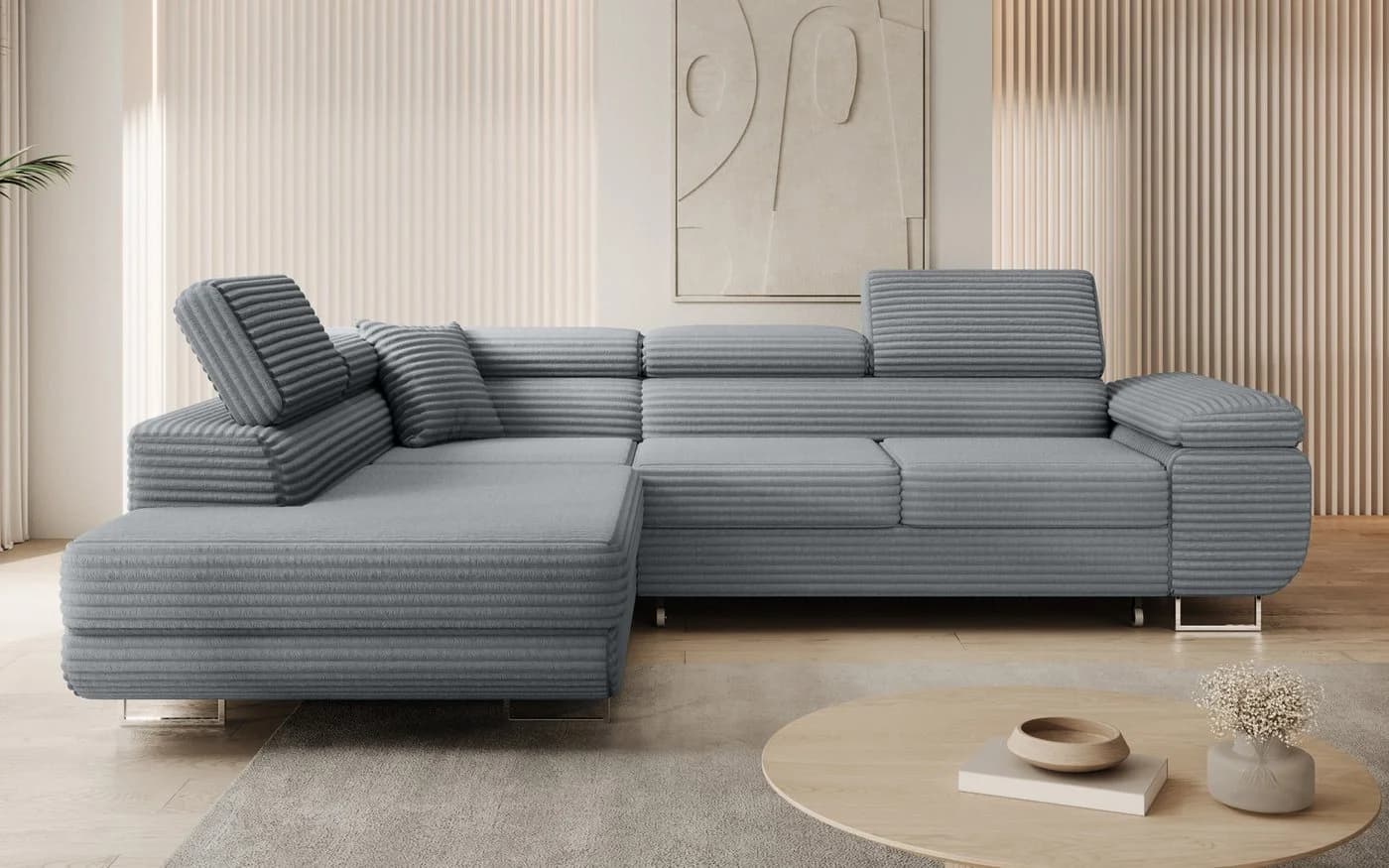 thematys Ecksofa ASTON mit Schlaffunktion & Bettkasten – Cordstoff TILIA Grau