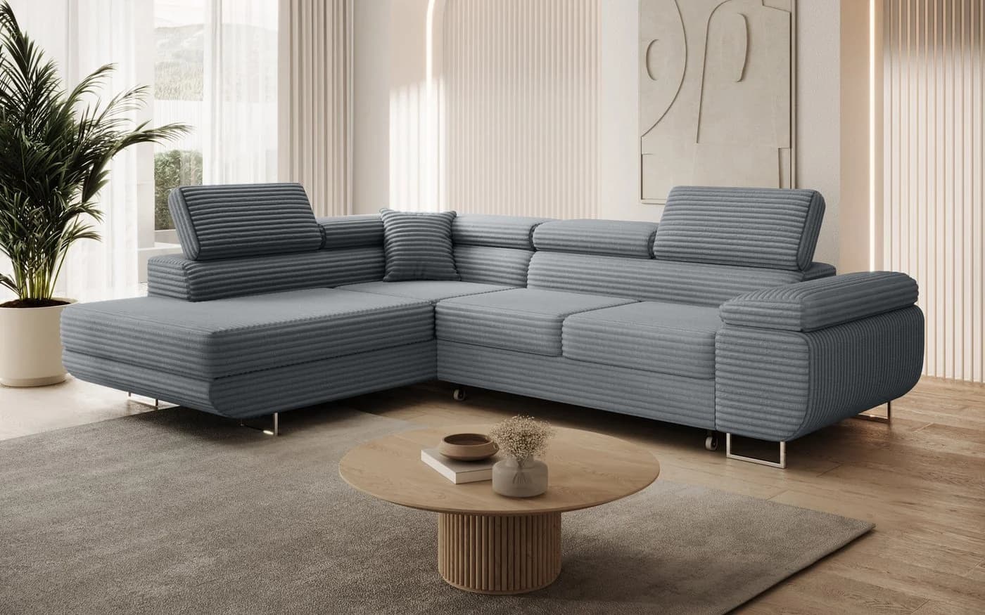 thematys Ecksofa ASTON mit Schlaffunktion & Bettkasten – Cordstoff TILIA Grau - Bild 2