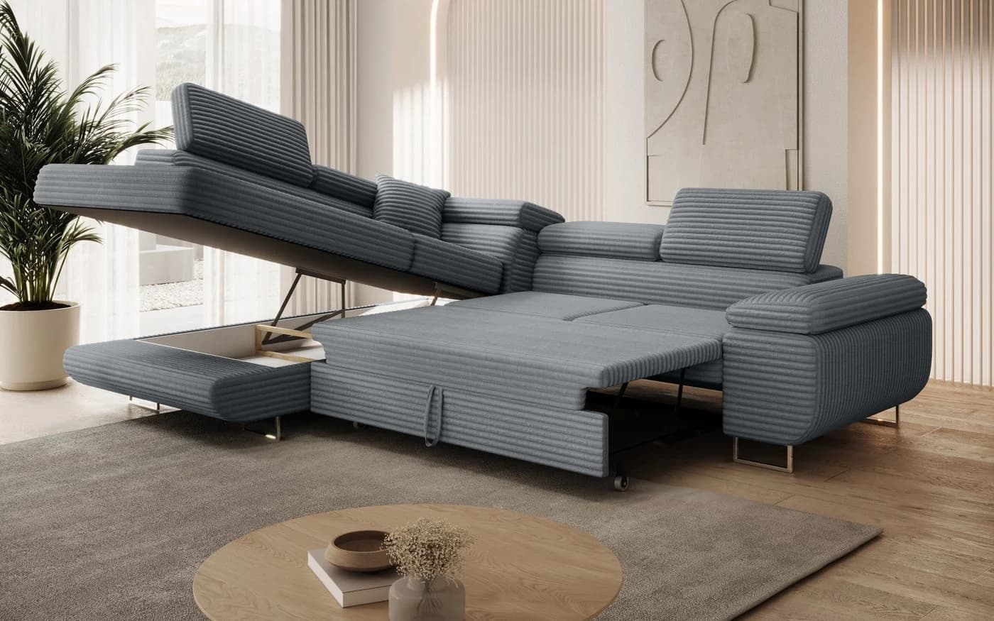 thematys Ecksofa ASTON mit Schlaffunktion & Bettkasten – Cordstoff TILIA Grau - Bild 4