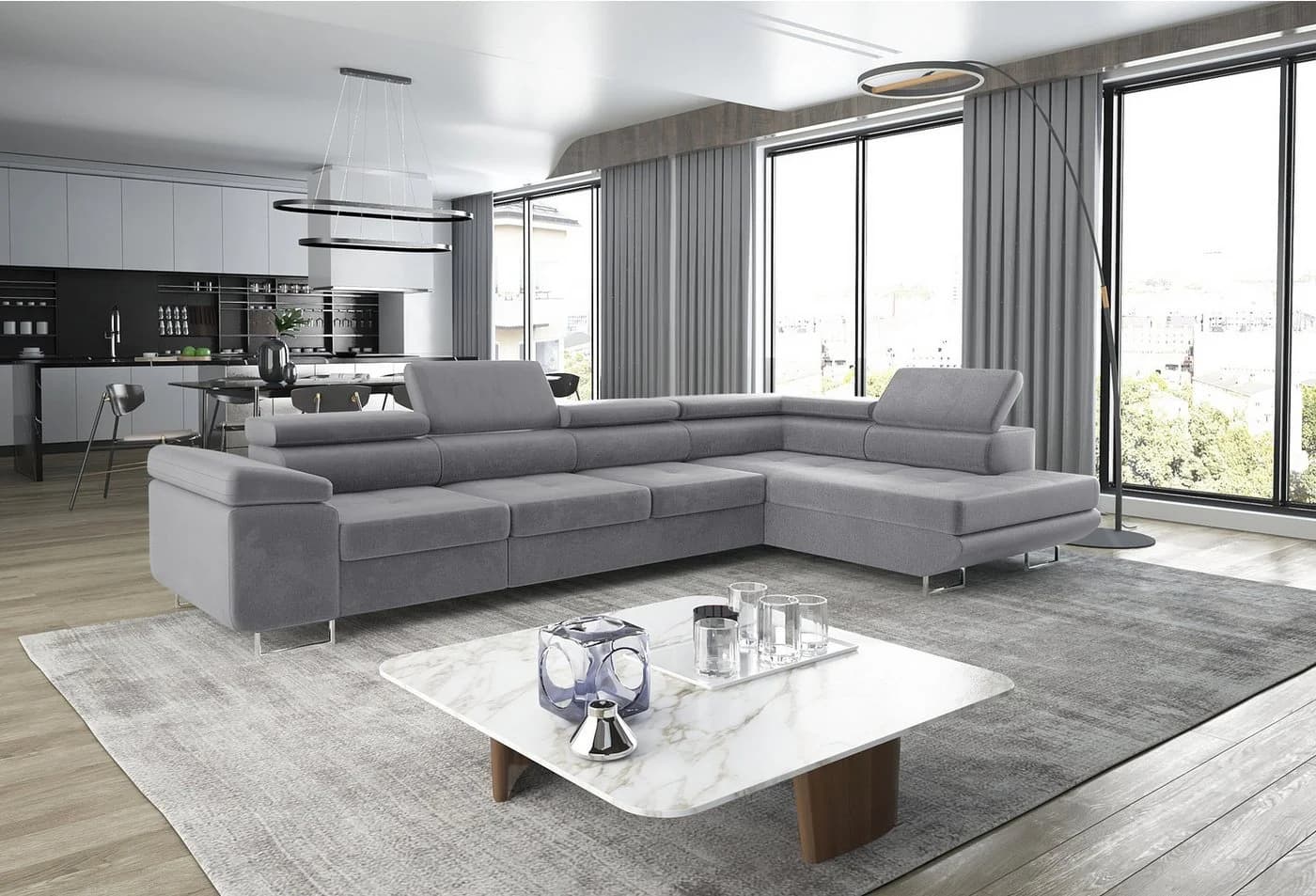 thematys Ecksofa ASTON LONG Samt Hellgrau mit Schlaffunktion & Bettkasten - Bild 2