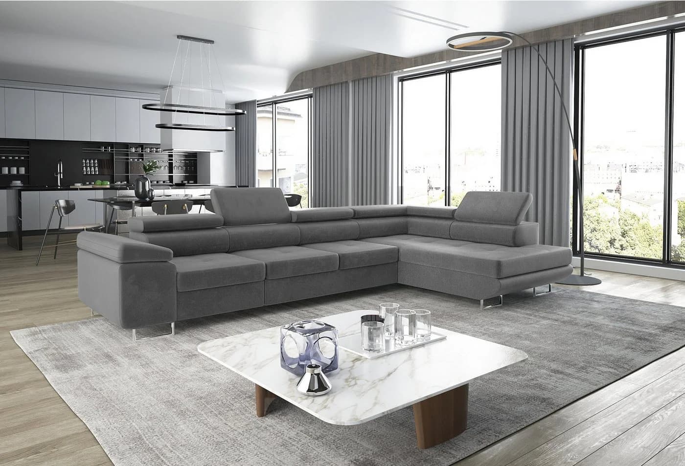 thematys Ecksofa ASTON LONG Samt Grau mit Schlaffunktion & Bettkasten - Bild 2