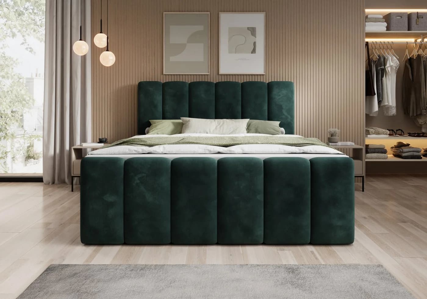 thematys Boxspringbett mit Bettkasten Dunkelgrün Velours
