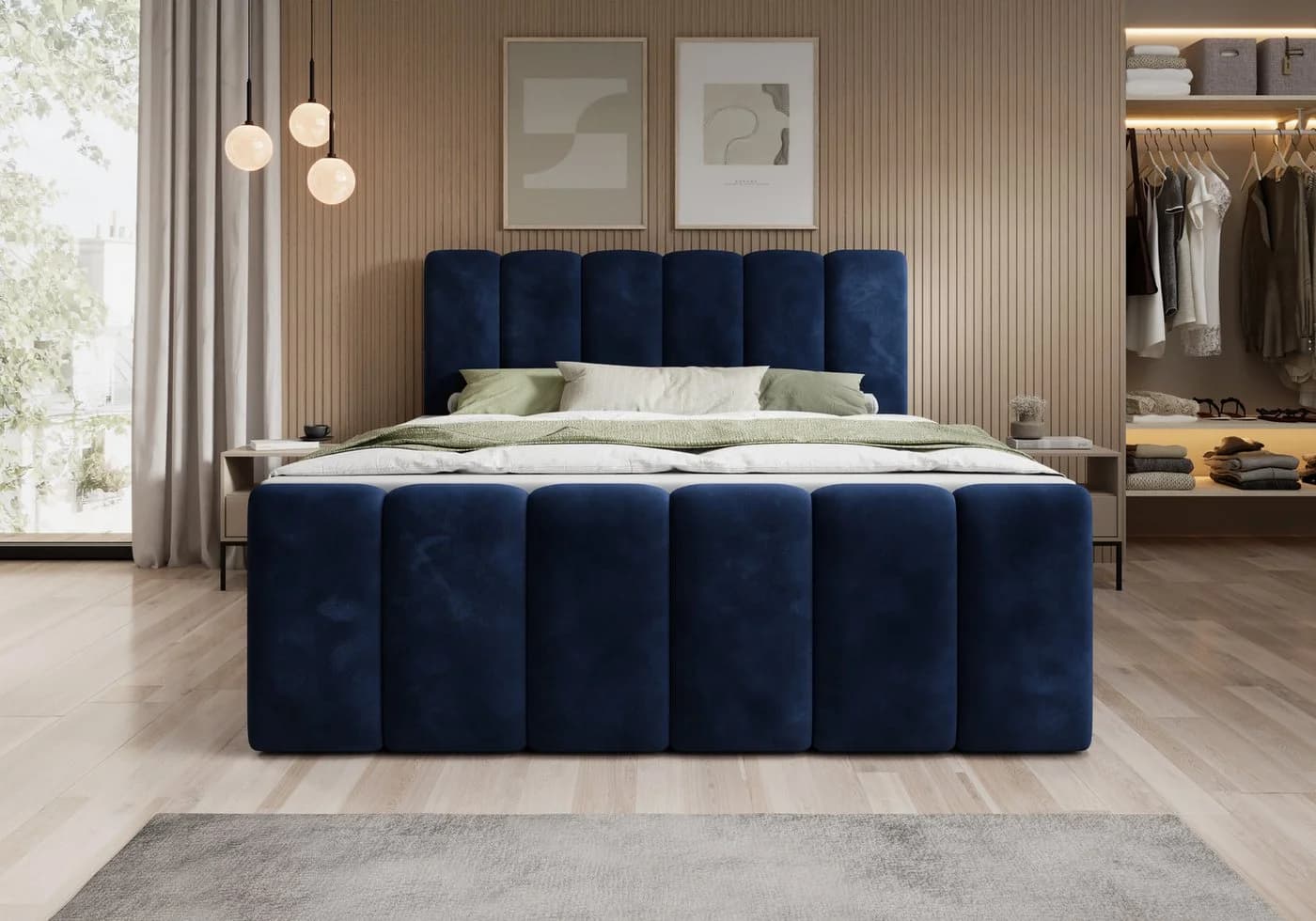 thematys Boxspringbett mit Bettkasten Blau Velours