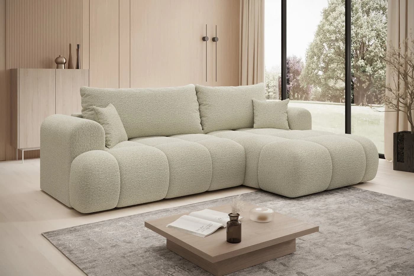 thematys Ecksofa TREVIO Beige mit Schlaffunktion und Bettkasten