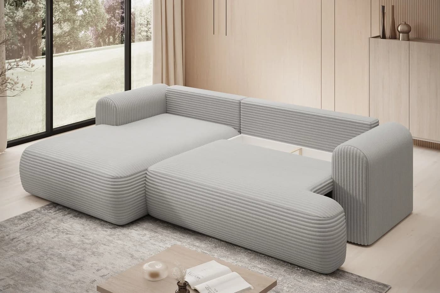 thematys Ecksofa TREVIO Beige mit Schlaffunktion und Bettkasten - Bild 4