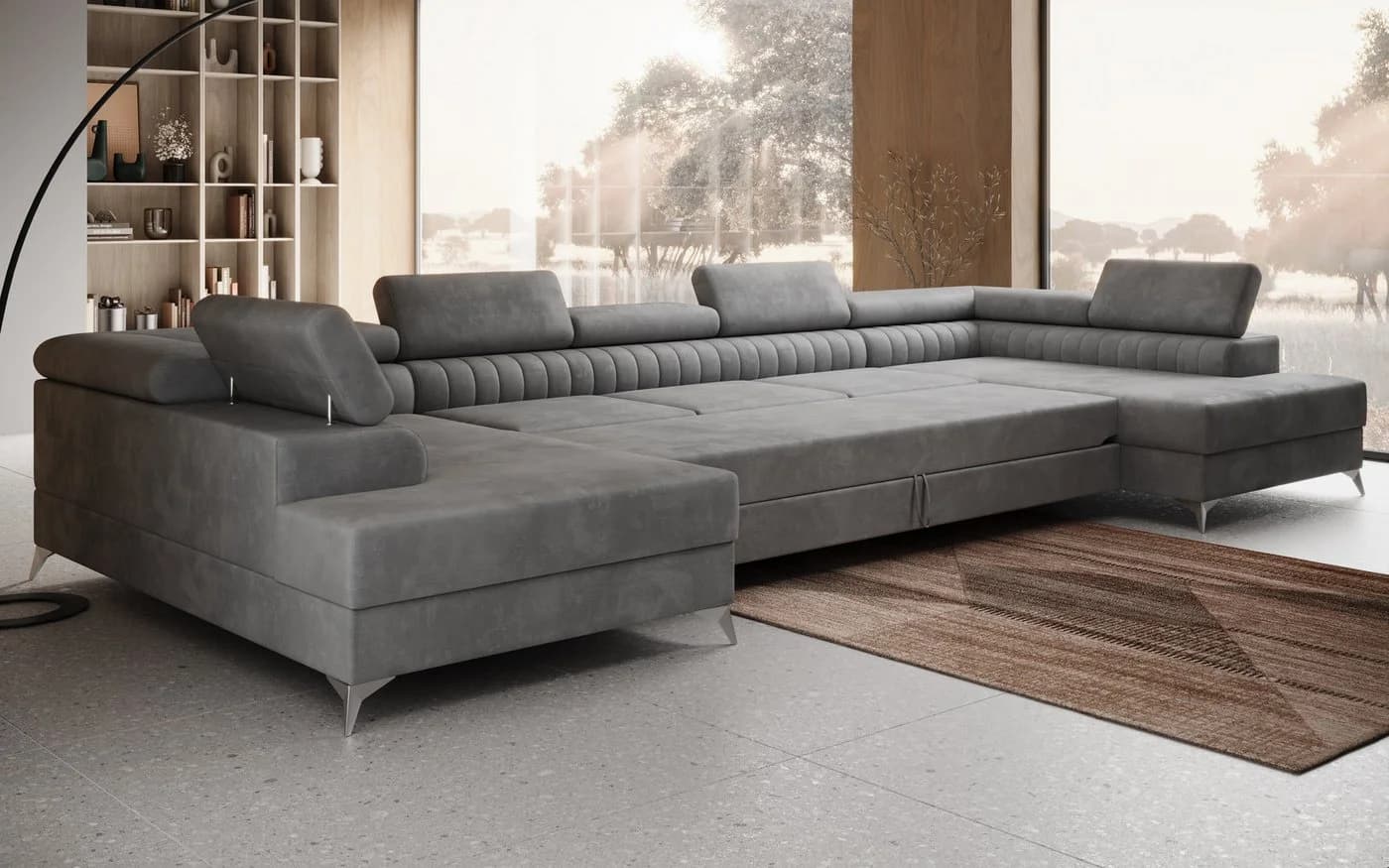 thematys Ecksofa FERMO U-Form Samt grau mit Schlaffunktion & Bettkasten - Bild 3