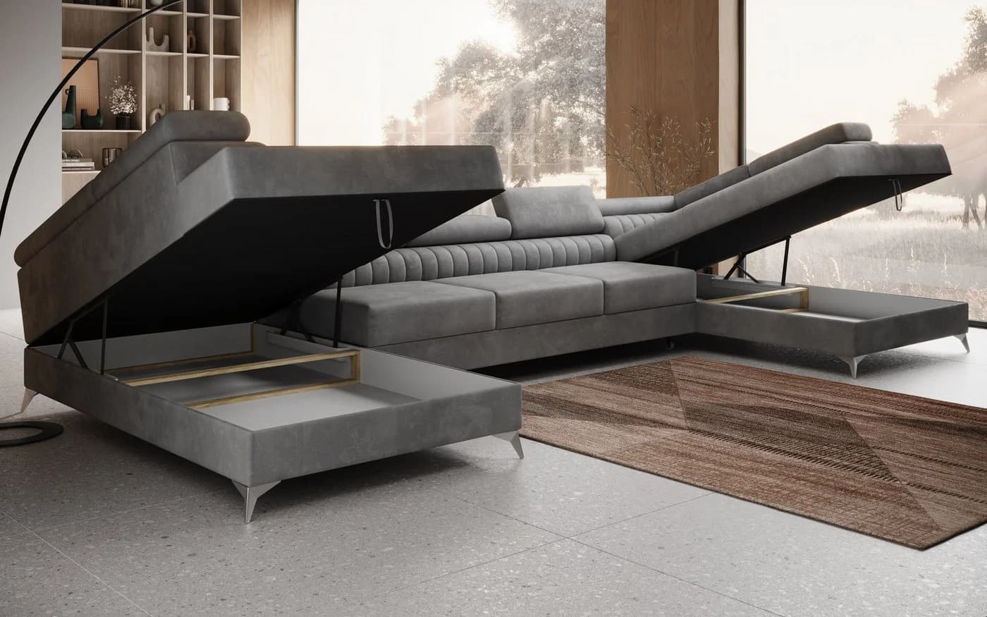 thematys Ecksofa FERMO U-Form Samt grau mit Schlaffunktion & Bettkasten - Bild 4