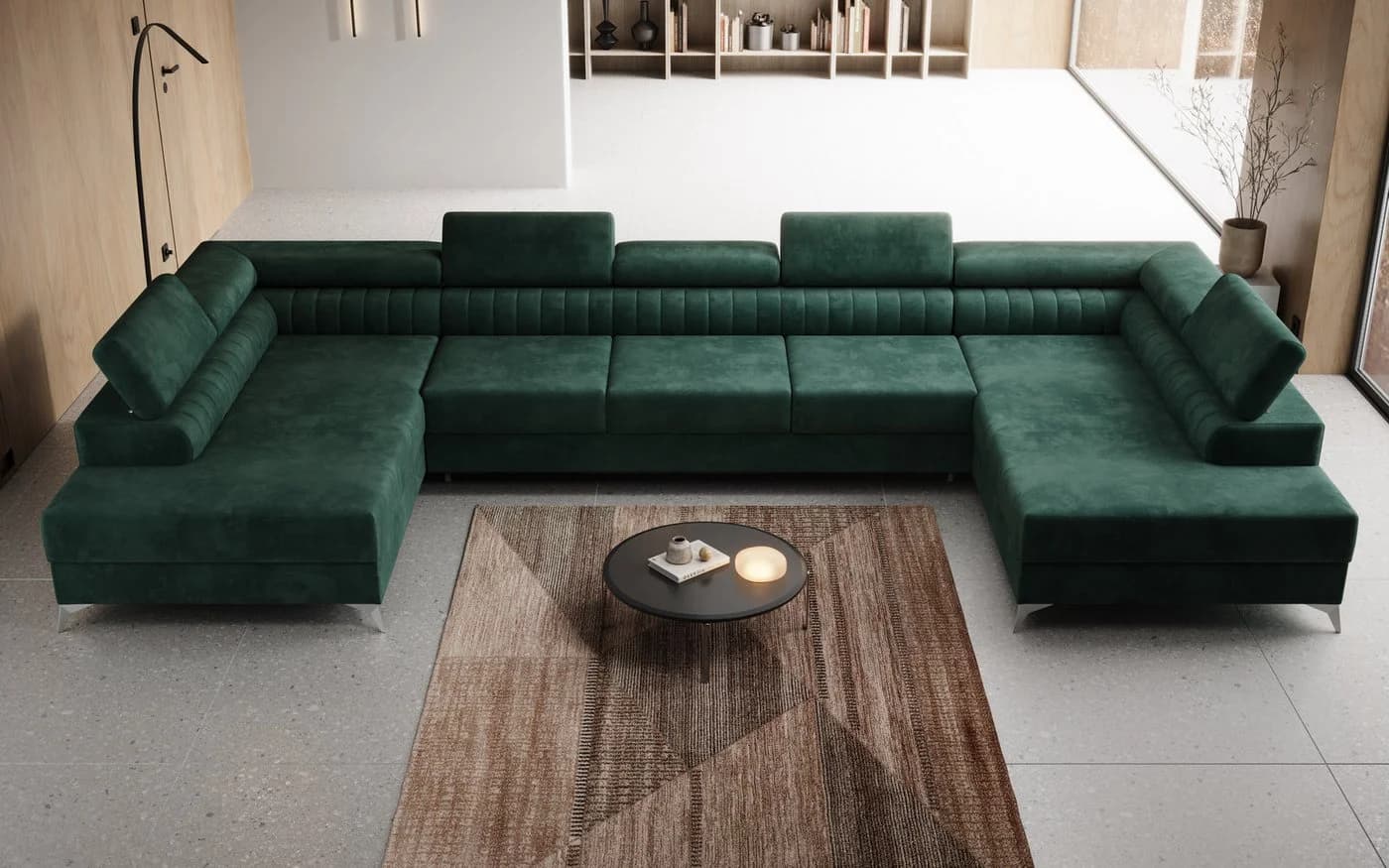 thematys Ecksofa FERMO U-Form Samt grün mit Schlaffunktion & Bettkasten