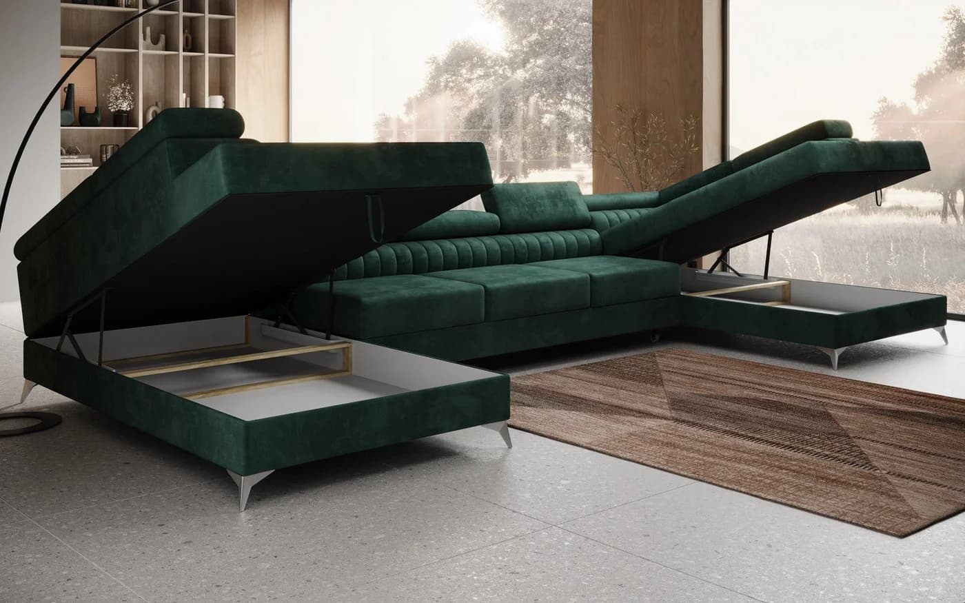 thematys Ecksofa FERMO U-Form Samt grün mit Schlaffunktion & Bettkasten - Bild 4